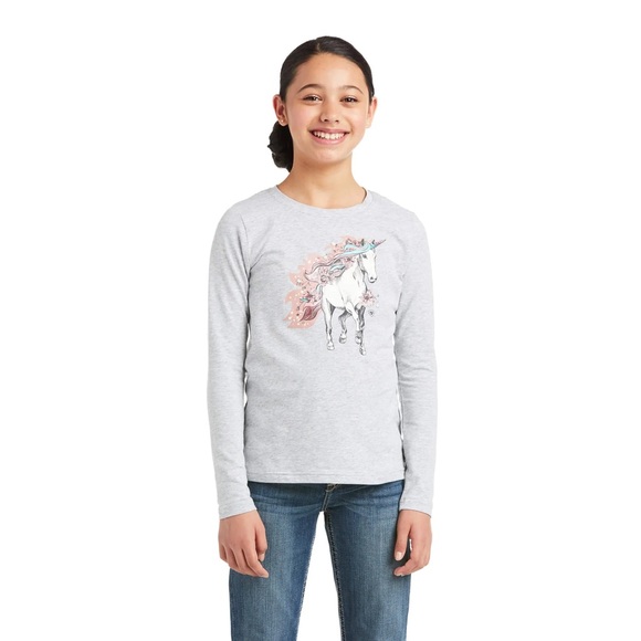 NWT-Ariat Girls Gray Unicorn Long Sleeve Organic Cotton Tee- 10037353-Medium/10 - Picture 2 of 7